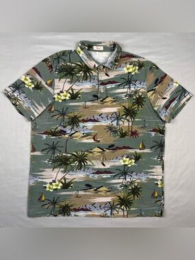 Altea Mens Tropical Island Polo Shirt Sz Large Slim Fit AOP 100% Cotton B3